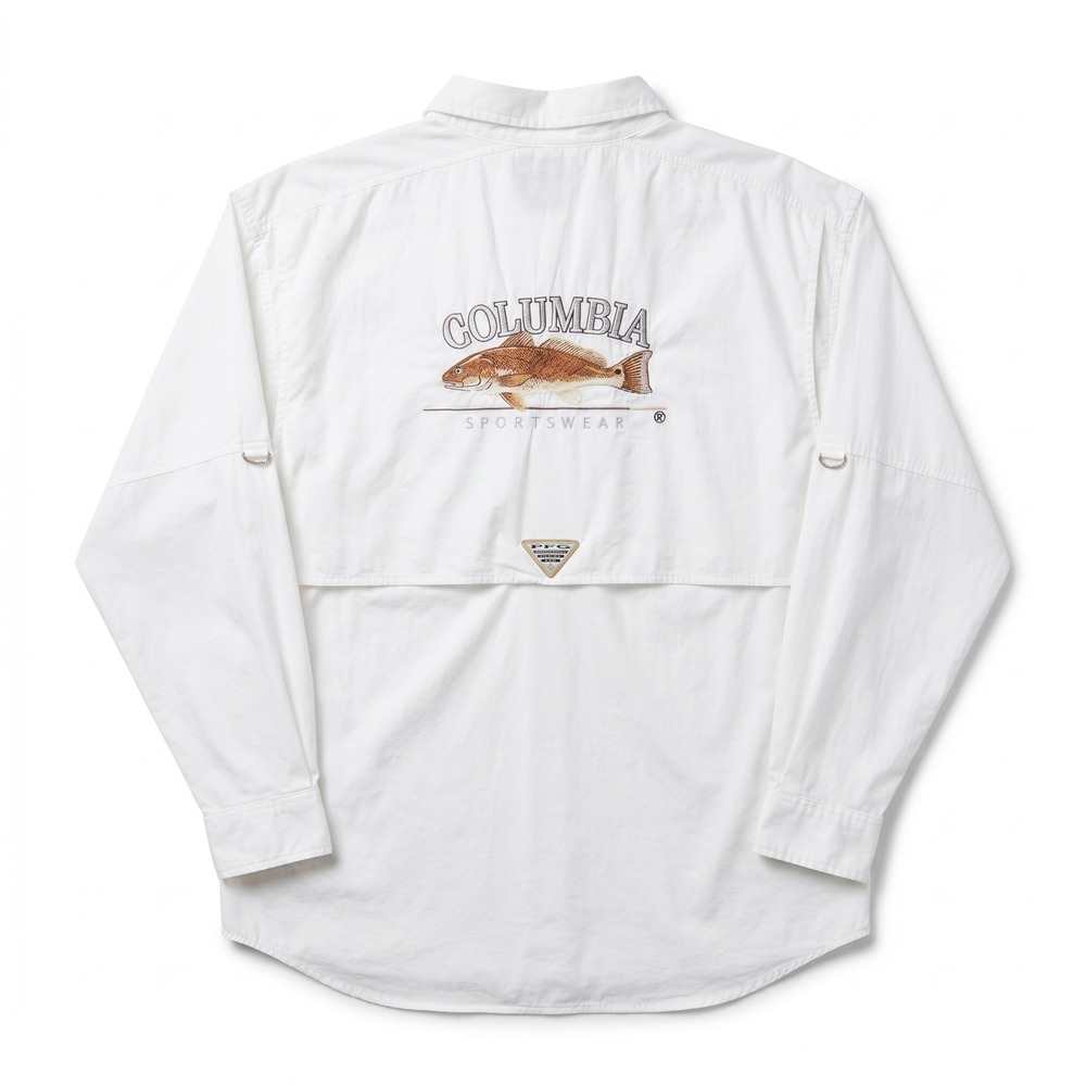 Columbia Fishing Shirt Mens XXL White Excellent PFG Redfish Graphic Long Sleeve